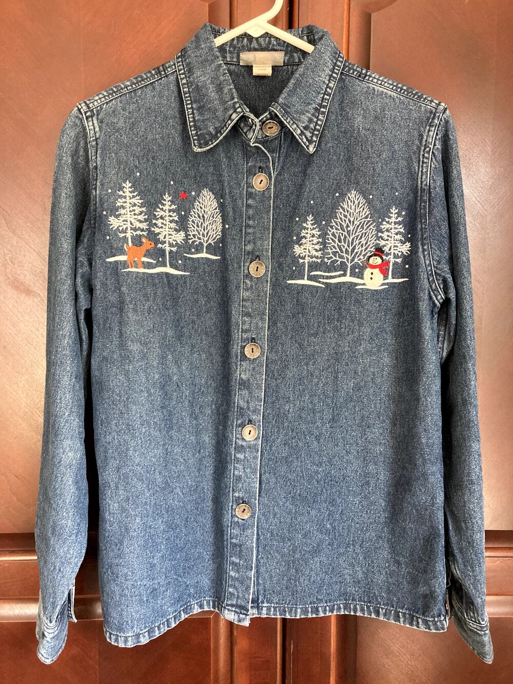 Decorated Originals- Grannycore Vintage Holiday Denim Embroidered Long Sleeve -M